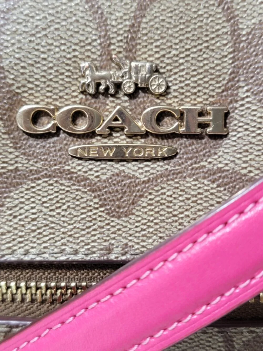 Coach Rowan File Bag Khaki Signature Canvas  Pink Leather Crossbody Messenger